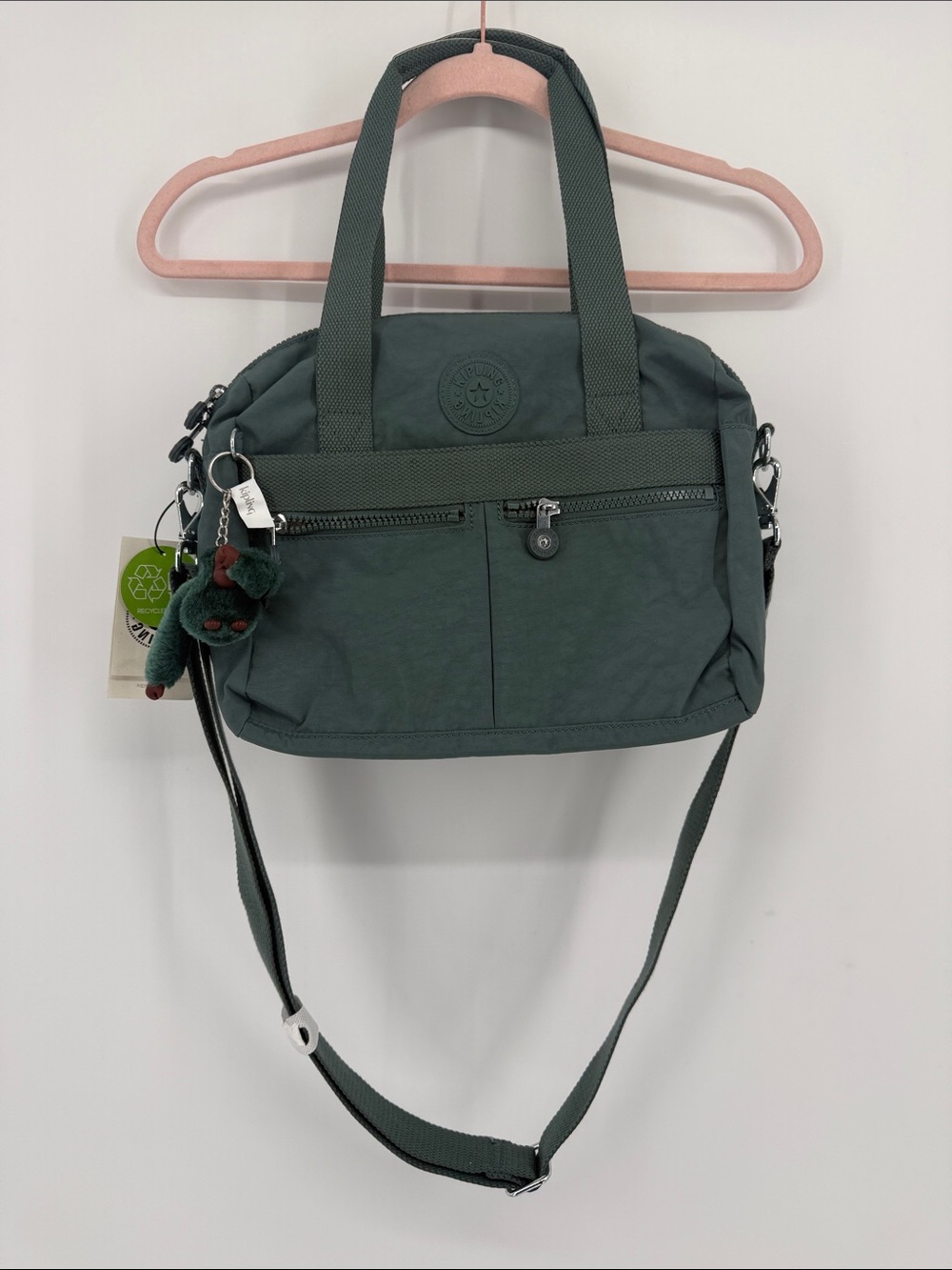 Kipling Dark Green Nylon Crossbody Bag with Monkey Charm $124 Retail